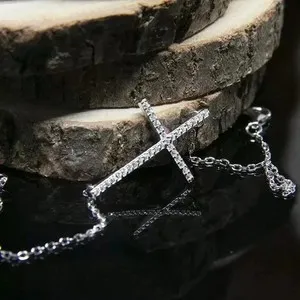 Authentic 1..50Ct Round Cut Moissanite Cross 7" Chain Bracelet 14K White Gold Plated