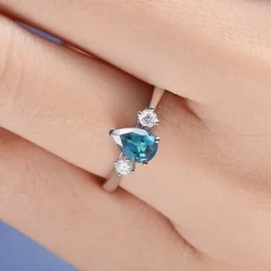 Authentic 14K White Gold Plated 1.50Ct Pear Cut Lab Created LBT Diamond Three Stone Ring
