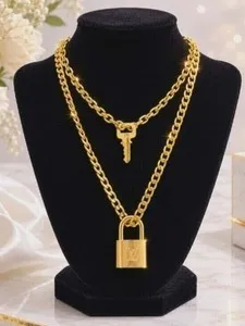 Authentic Authentic Louis Vuitton Lock & Key w/ 18k Gold Plated Chain Necklace