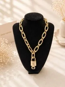 Authentic Authentic Louis Vuitton Lock and Key Gold Color with Gold Plated Chain Necklace