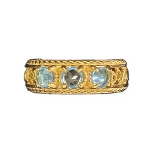 Authentic Turkish Gold Plated STERLING SILVER Blue Topaz 3-Stone Ring Sz 7 - 925 Stamped