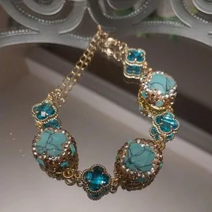 Authentic Turkish Gold Plated Bracelet w/Natural Turquoise & Blue Crystal Accents Clovers.