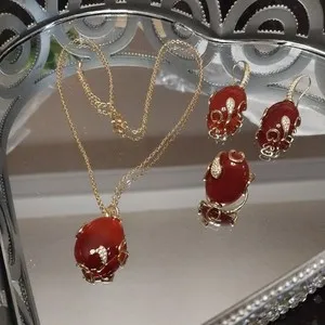 Authentic Turkish Gold Plated Natural Carnelian Stone Jewelry Set Necklace Earrings Ring