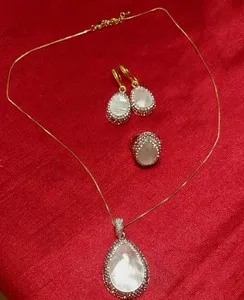 Authentic Turkish Mother of Pearl Teardrop Set 24K Gold Plated Pink CZ Adjustable.