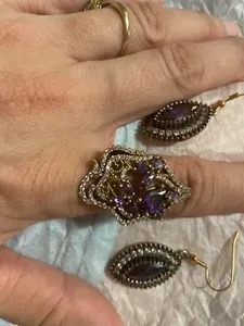 Authentic turkish purple amethyst with white gems antique silver gold plated earrings ring