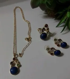 Authentic Turkish Lapis lazuli Set 24K Gold Plated Crystals Colors. Adjustable Ring.