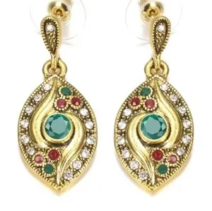 Authentic Turkish Style Antique Gold-Plated Green Resin/Crystal Earrings