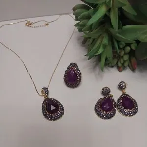 Authentic Purple Teardrop Crystal Necklace Earrings Set 24K Gold Plated Turkish Jewelry.