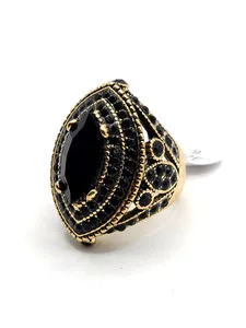 Authentic Turkish Black Crystal Gold Plated 925 Sterling Silver 32mm Ring sz 9