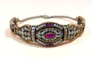 Authentic VTG Turkish Ottoman style Gold plated 925 Silver Gemstone panel bracelet 8"