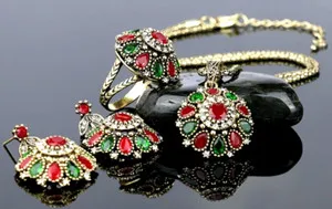 Authentic TURKISH JEWELRY ANTIQUE_FINISH GOLD PLATED NECKLACE EARRING & RING 4Pc