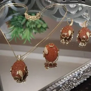 Authentic Turkish Golden Moonstone Trio – 24k Gold‑Plated Necklace, Ring & Earrings