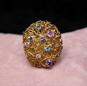 Authentic Turkish Artisan 14ct Gold Plated 925 Silver Ring with Multiple Gemstones Size 5