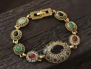 Authentic Turkish Jewelry Bangle Multicolored Stone Antiqued Gold Plated Link Bracelet for