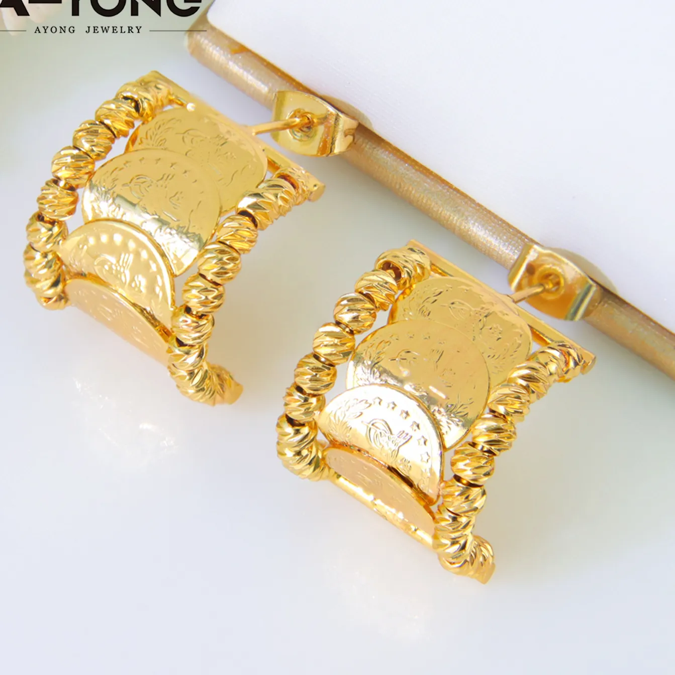 Authentic Turkish Vintage Coins Stud Earrings 24k Gold Plated Dubai Vintage Half Circle Earring Saudi Arabia Women Wedding Jewelry