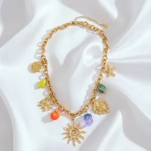Authentic Gold-plated Cable Chain Necklace with Multicolor Beach Charm Pendant