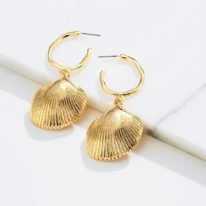 Authentic Gold Plated Shell Beach Summer Hoop Drop Earrings