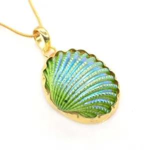 Authentic Green Sea Shell Gemstone Gold Plated Beach Jewelry Chain Pendant 1.5" y913
