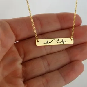 Authentic Ocean Wave Heartbeat Gold Plated Bar Necklace Beach Surf