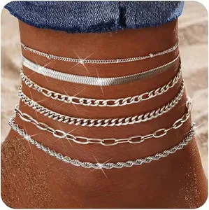 Authentic 6Pcs 14K Gold Plated Anklet Set for Women Cuban Link Beach Jewel