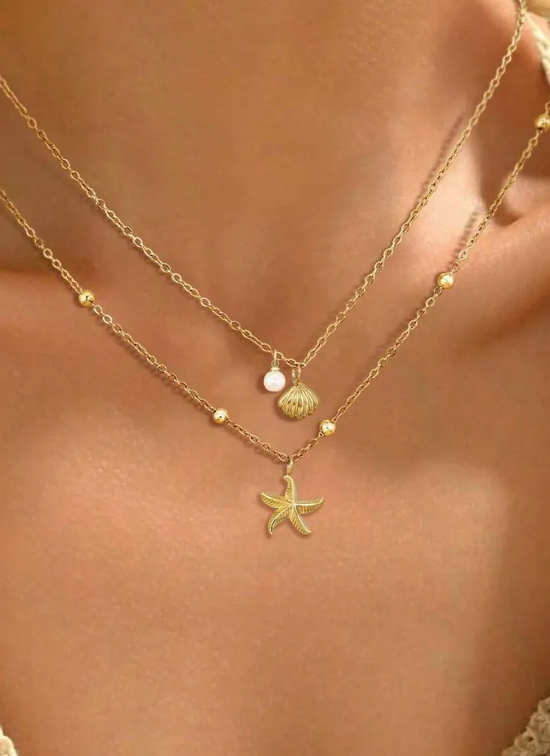 Authentic 2pcs Seashell Necklace Set For Women Adjustable Starfish Seashell Faux Pearl Pendant Necklace Jewelry For Summer Beach Holiday E