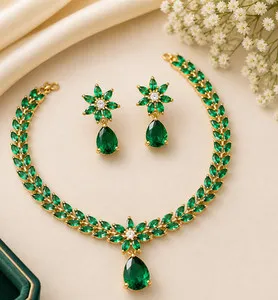 Authentic 10CT Pear Lab-Created Emerald Diamond Floral Necklace Set 14kYellow Gold Plated