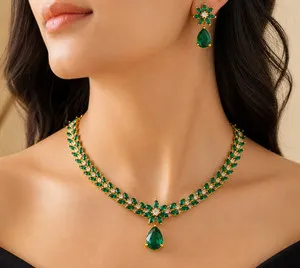 Authentic 10CT Pear Lab-Created Emerald Diamond Floral Necklace Set 14kYellow Gold Plated