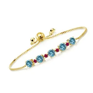 Authentic 18K Yellow Gold Plated Silver Blue Lab Grown Diamond and Created Ruby Bracelet
