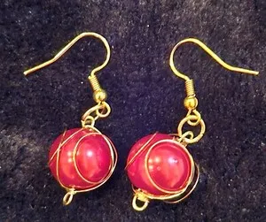 Authentic RED BALL EARRINGS W/ GOLD TWISTED WIRE & 18K GOLD PLATED HOOK HANDMADE 1 OF KIND