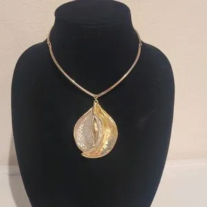 Authentic Vintage Necklace, One of The Kind Leaf Pendent Silver 18K Gold Plated Accent