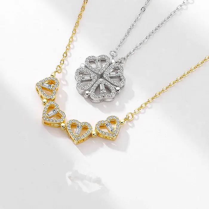 Authentic Classic Two Kinds of Wear Fold Love Heart Pendant Necklace for Women Inlaid Zircon Lucky Jewelry Girls Wendding