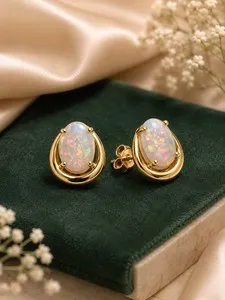 Authentic Celestial Fire Opal Pear Stud Talismans - Sacred 925 Silver & Gold Aura-Glow Earrings