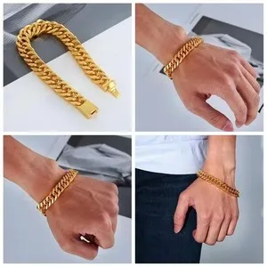 Authentic MENDEL Mens 12mm Gold Plated Miami Cuban Link Bracelet Men