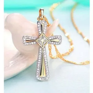 Authentic Round Cut Simulated Diamond Cross Fancy Charm Pendant In 14k Yellow Gold Plated