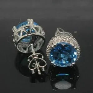Authentic 2.15CT Round Cut Simulated Blue Topaz Halo Stud Earrings 14K White Gold Plated