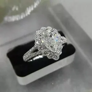 Authentic Celestial Tears - 3.00Ct Pear Cut Moissanite Halo Engagement Ring