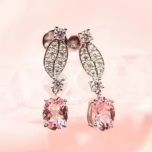 Authentic Oval Cut Simulated Pink Sapphire Women's Drop Earrings In 14k White Gold Plated