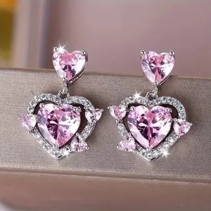 Authentic Heart Cut Simulated Pink Sapphire Women's Drop Earrings In 14k White Gold Plated