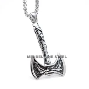 Authentic MENDEL Mens Gold Plated Nordic Viking Raven Axe Pendant Necklace