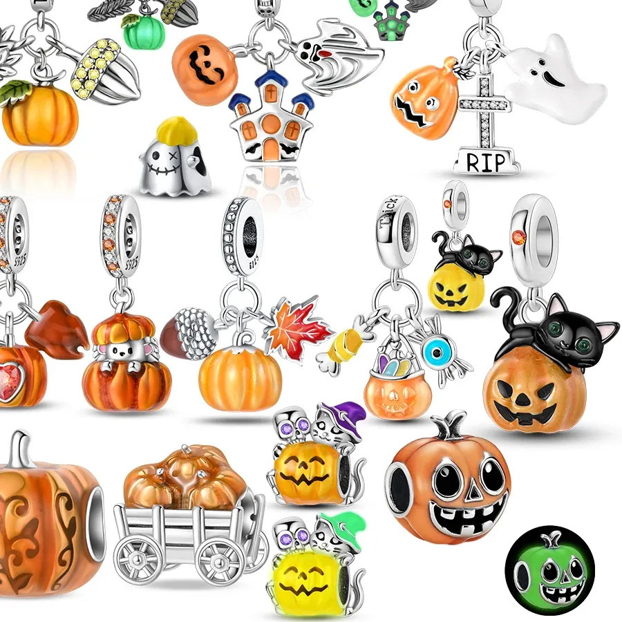 Authentic Original Charms 925 Silver Pumpkin Ghost Maple Leaf Castle Candies Cat Beads Fit Bracelet Jewelry Diy Delicate