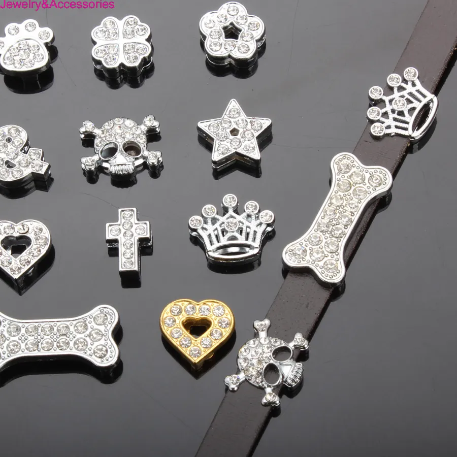Authentic 6pcs/Lot Ghost Head/Crown/Cross Various Shapes Etc Slider Spacer Fit 10mm Flat Leather Cord Bracelet Jewelry Making