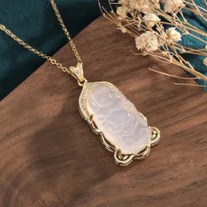 Authentic White Jade Laughing Buddha Pendant Necklace In 18K Gold Plating