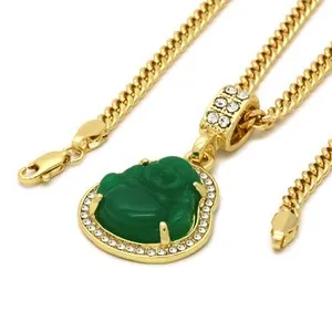 Authentic 14K Gold Plated Green Jade Buddha Pendant Cubic-Zirconia Cuban Chain 24" 27' 30"