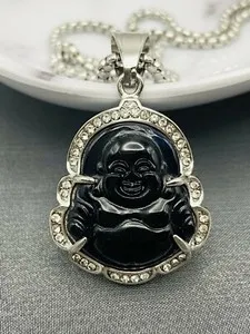 Authentic Jade Buddha Pendant Necklace 18K White Gold Plated Crystal Charm Hip Hop Chain