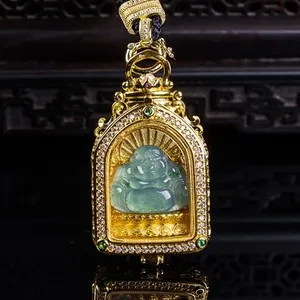 Authentic Certified Natural A-grade jade Buddha luxury inlaid open top gold-plated pendant