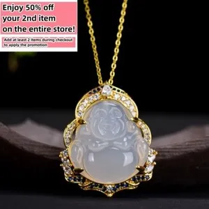 Authentic Jade Pendant Necklace Buddha Crystal Charm 18K Gold Plated Chain Gemstone