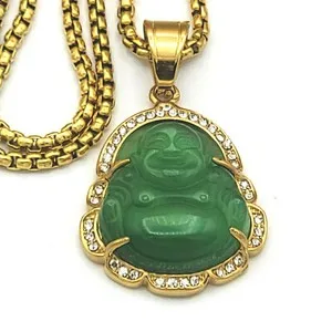 Authentic Gold Plated Buddha Pendant & Chain Necklace Green Lilcac Colors