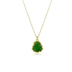 Authentic Laughing Buddha Necklace Good Luck Pendant 18K Gold Plated Chain Chalcedony Amul