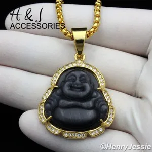 Authentic 18-36"MEN 3mm Gold Plated Box Chain Onyx Buddha Pendant*AGB117