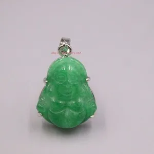 Authentic White Gold Plated Heated Green Jade Buddha Pendant 佛 On Its Back